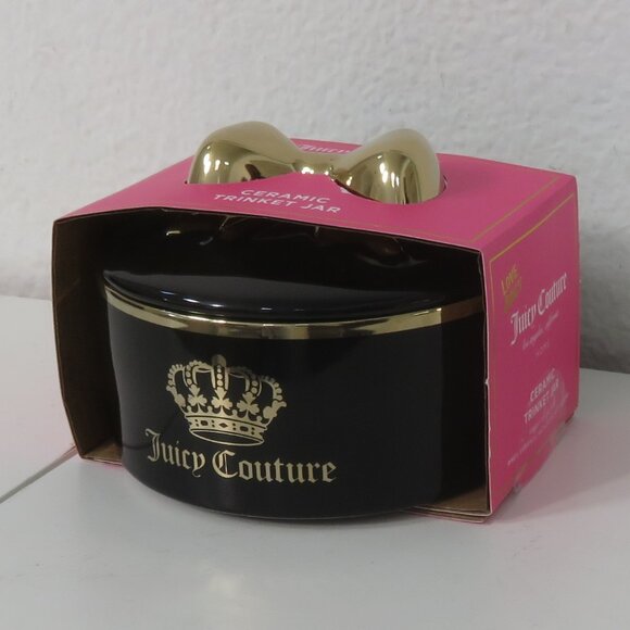 (#120) Juicy Couture Black & gold Crown Signature Logo Ceramic Trinket Jar - Picture 2 of 5